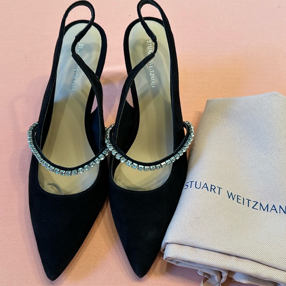 New Stuart Weitzman Crystaline Suede Slingback Shoes. Size 8. Black